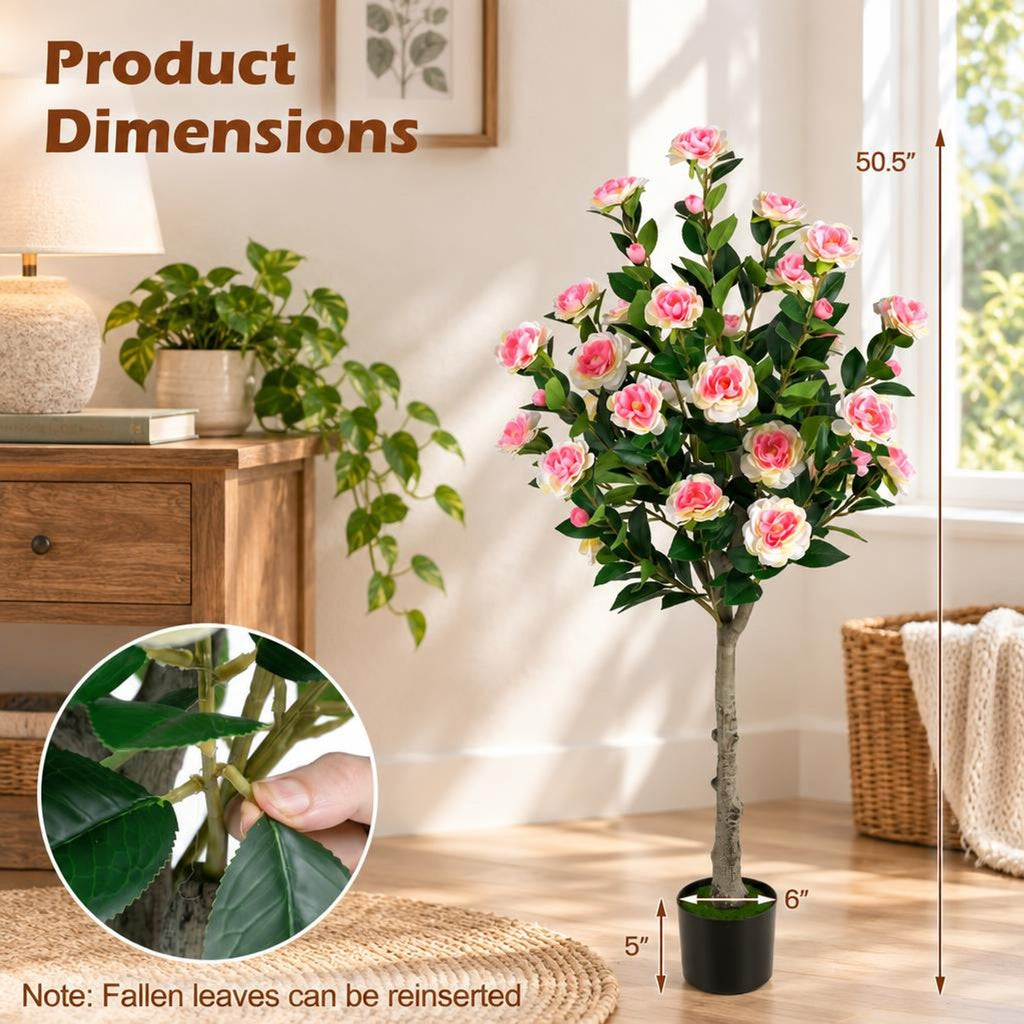 Airfind Set of 2 Artificial Camellia Tree with 27 Blossoms in Cement Pot for Home, Pink Green Black