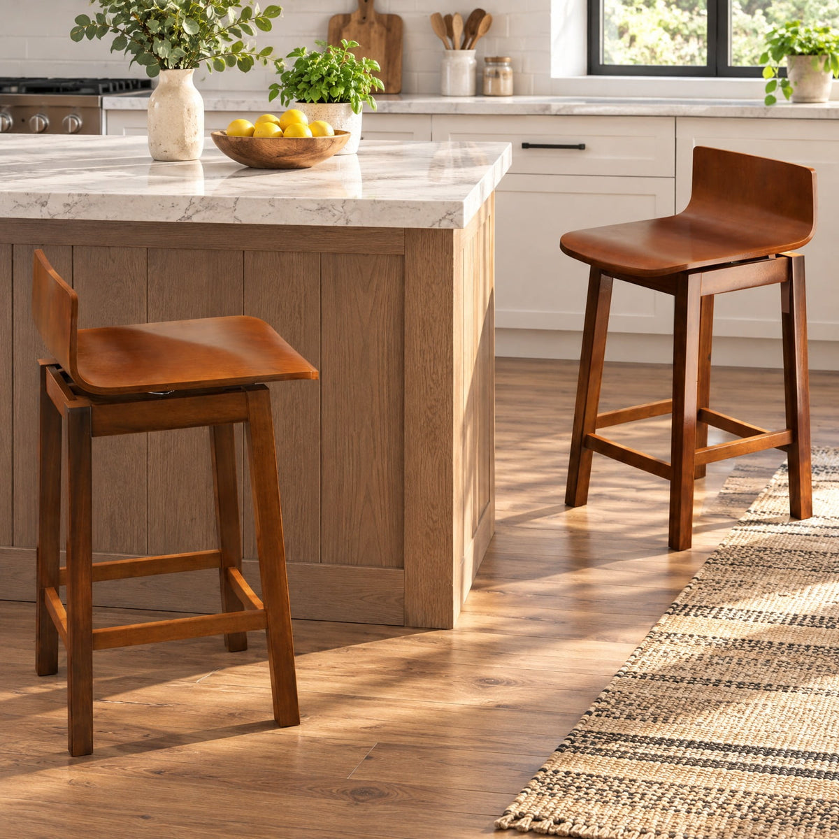 Airfind 24.5 Inch Swivel Wooden, Bar Stools Set of 2 with Rubber Wood Legs and Low Back, 350 lbs Capacity, Rubber Wood Plywood Frame, Walnut