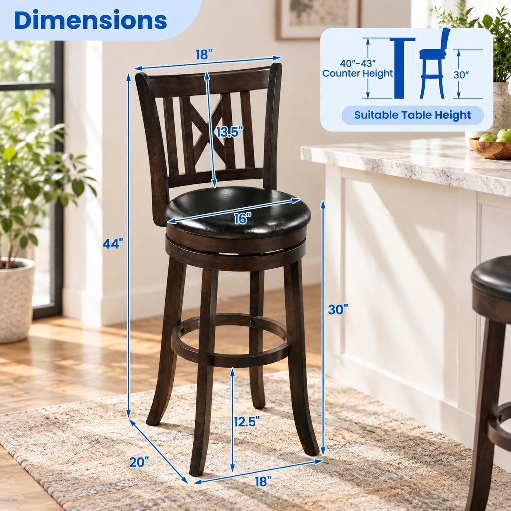 Airfind Set of 4 Bar Stools Swivel Bar Chairs with Hollowed Backrest and Footrest-30 inches, 275 lbs Capacity, 20 Inch x 18 Inch x 39.5 Inch Footprint