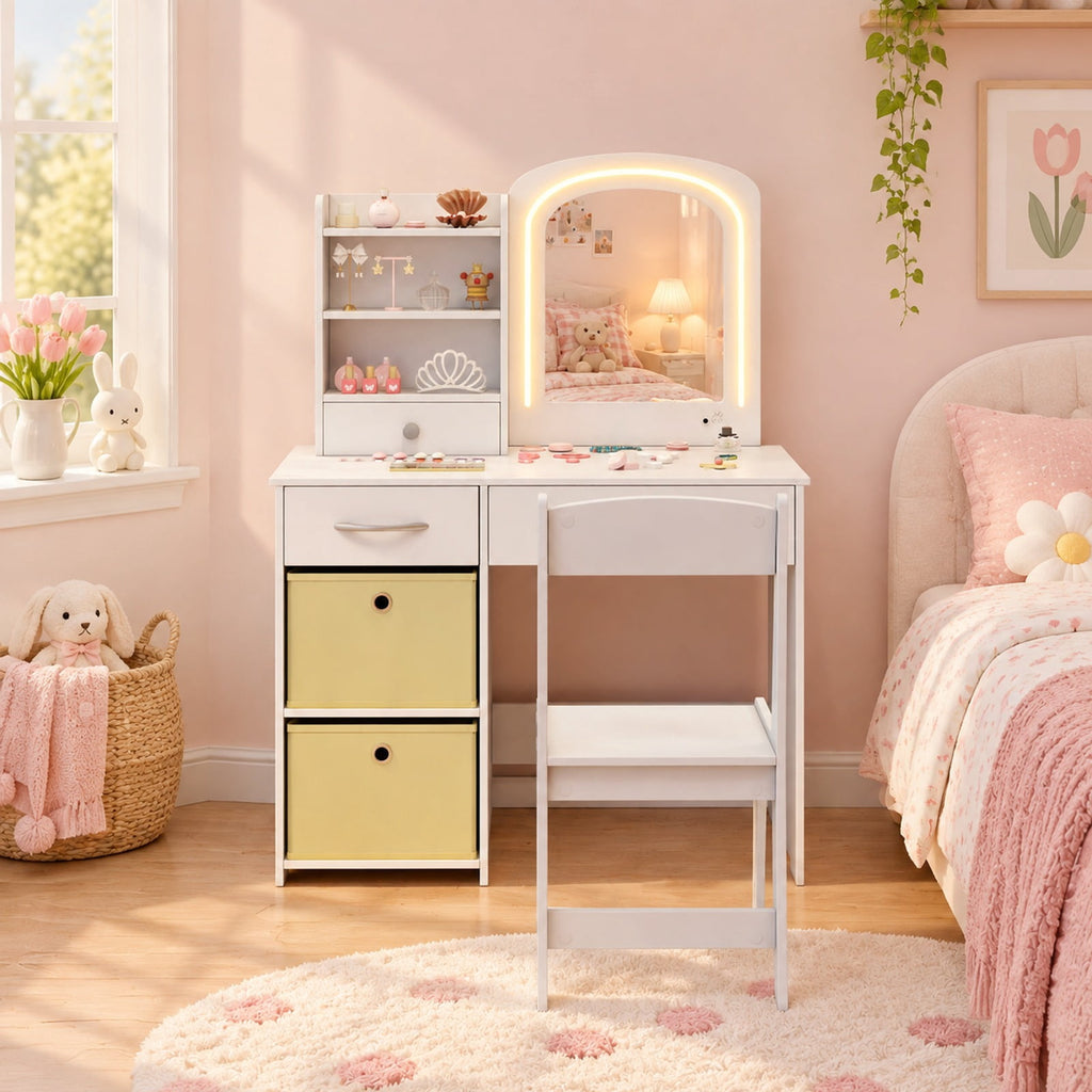 Airfind Kids Vanity Set with Lighted Mirror Makeup Desk and Chair Set with Drawers, 110 lbs Capacity, MDF Frame, for 3+ years old, White