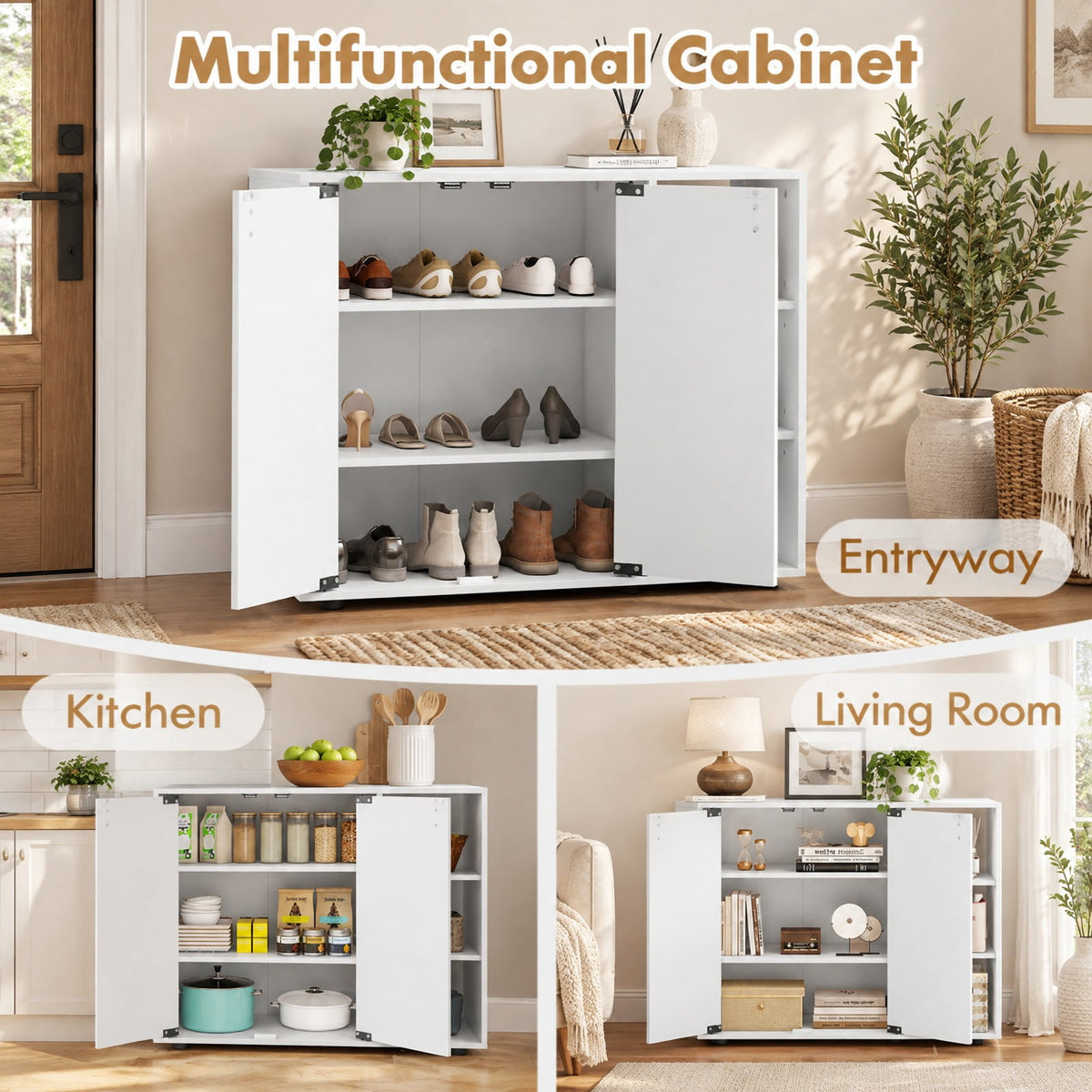 Airfind 3-Tier Shoe Cabinet with Doors with Adjustable Open Shelves for Entryway, 90 lbs Capacity, MDF Engineered Wood Frame, White
