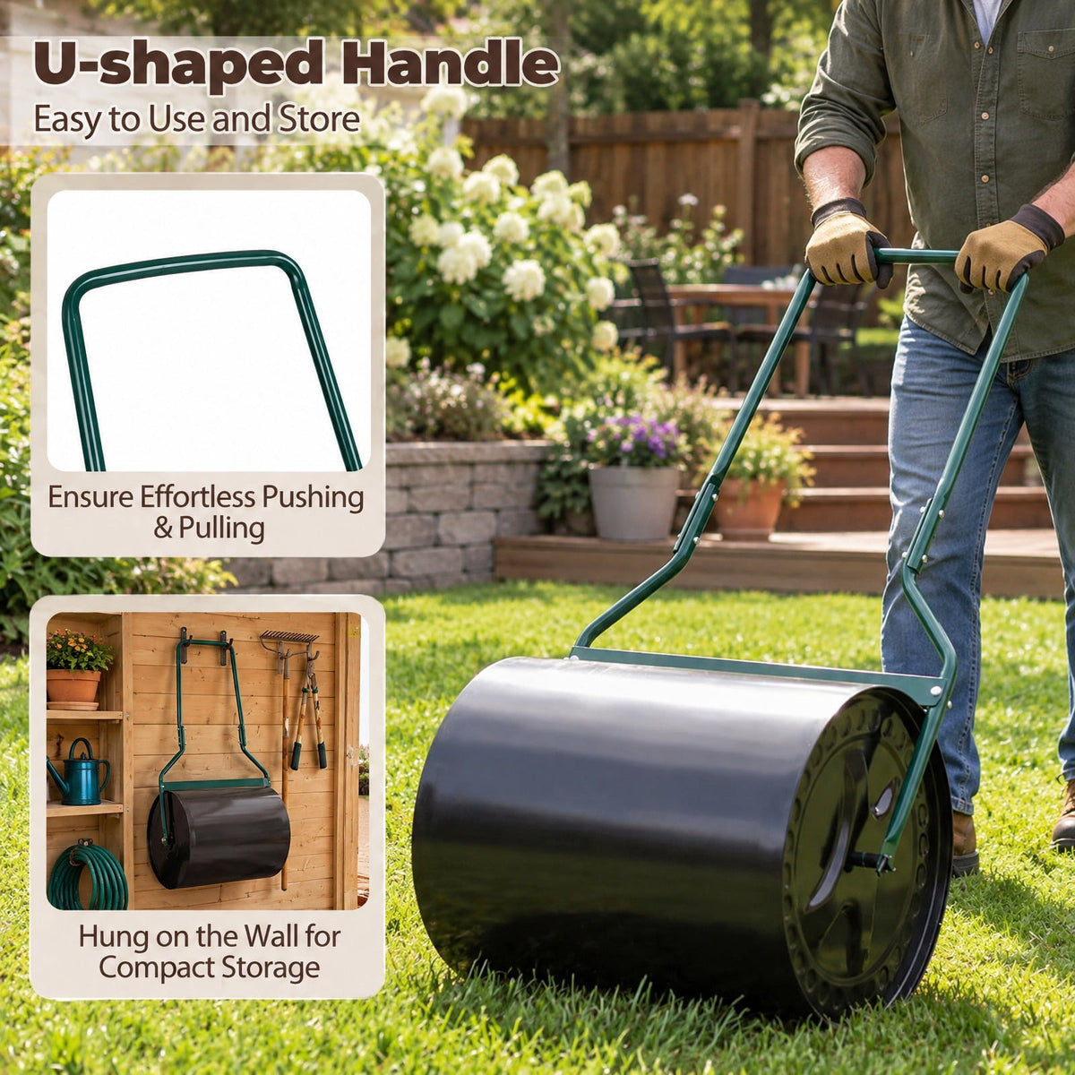Airfind Lawn Roller 16 Gallon Water/Sand Filled Garden Drum Roller with Leak, Metal Frame, 21 x 16 x 44(L X W X H) Roller Footprint, Black