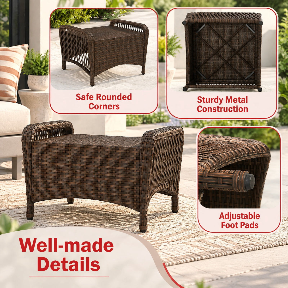 Airfind Set of 2 Outdoor Patio PE Wicker Ottomans with Removable Cushions, Ottoman 400 lbs Capacity, PE Rattan Metal Polyester Sponge Frame, Beige