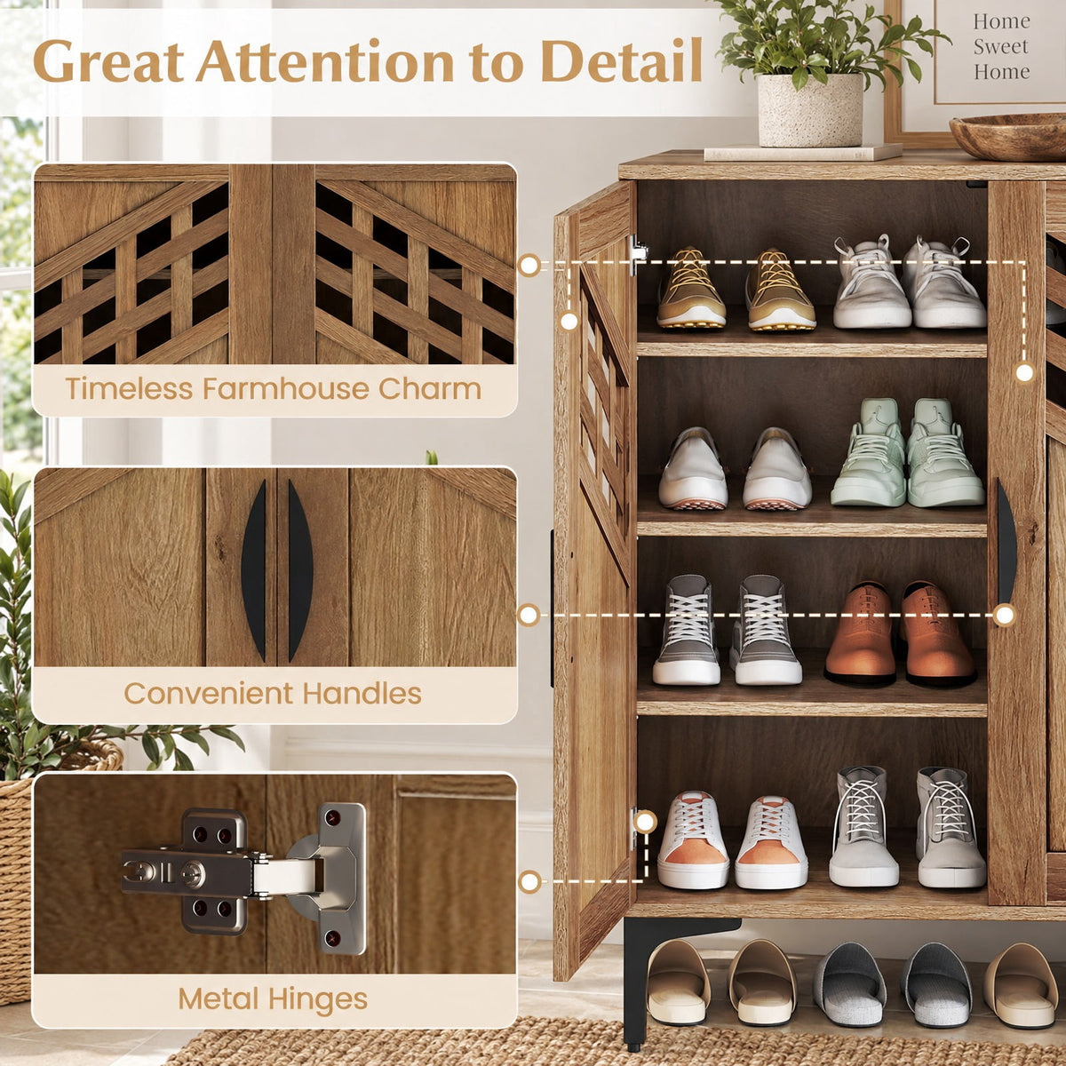 Airfind 4 Tier Farmhouse Shoe Storage Cabinet with Removable Shelves and Metal Legs, 180 lbs Capacity, Engineered Wood MDF Metal Frame, Walnut