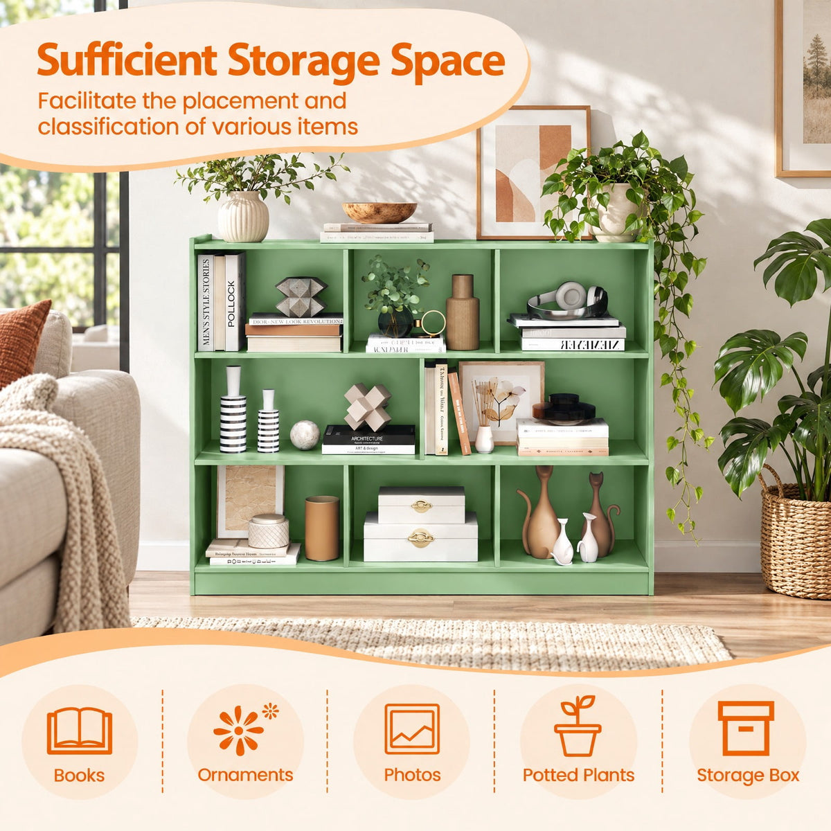 Airfind 3-Tier Open Bookcase 8-Cube Floor Standing Storage Shelves, 132 lbs Capacity, Engineered wood MDF Frame, 48 x 12.5 x 36.5 Footprint