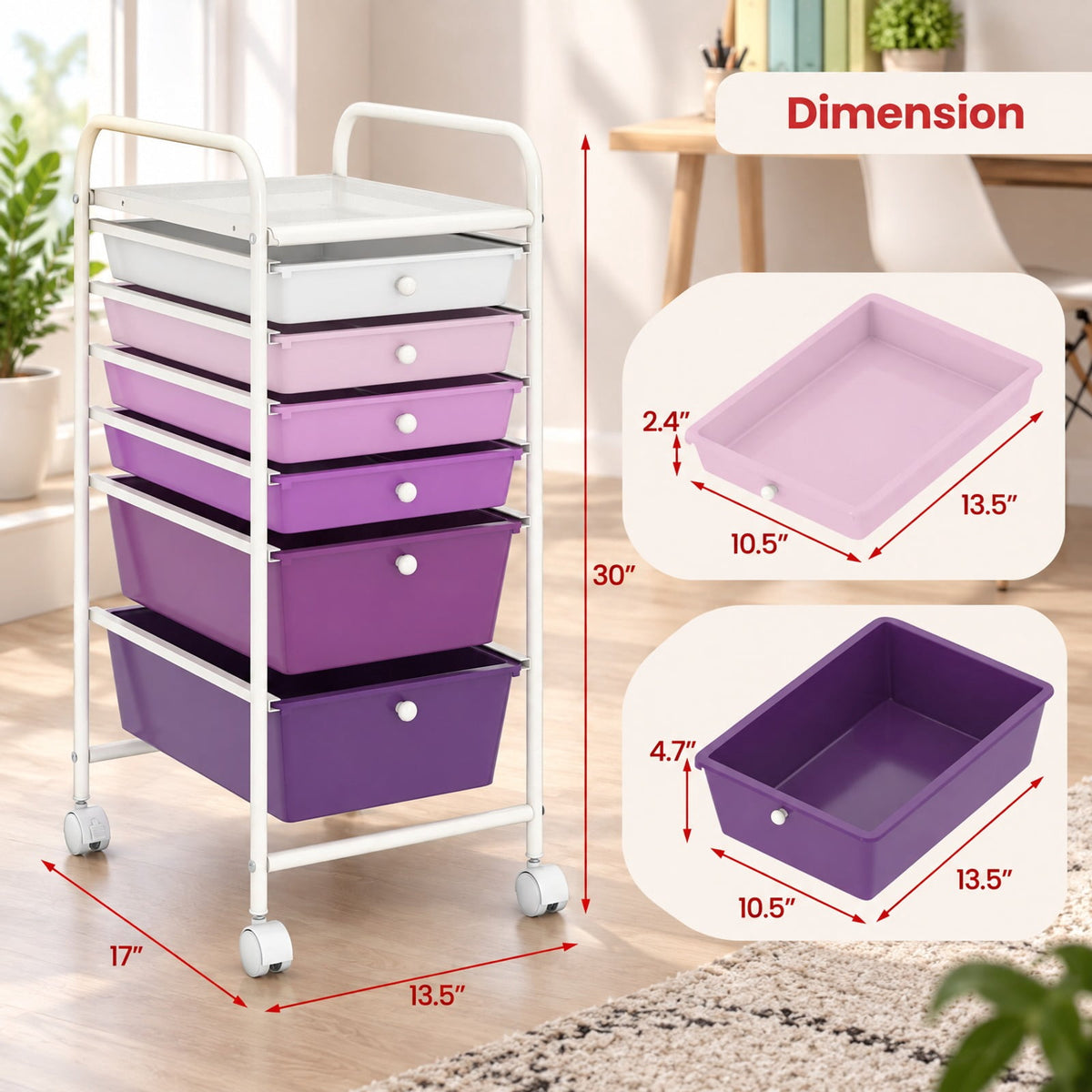 Airfind Multifunctional 6 Drawers Rolling Storage Cart Organizer, Steel Frame, 17 x 13.5 x 30 Footprint, Purple
