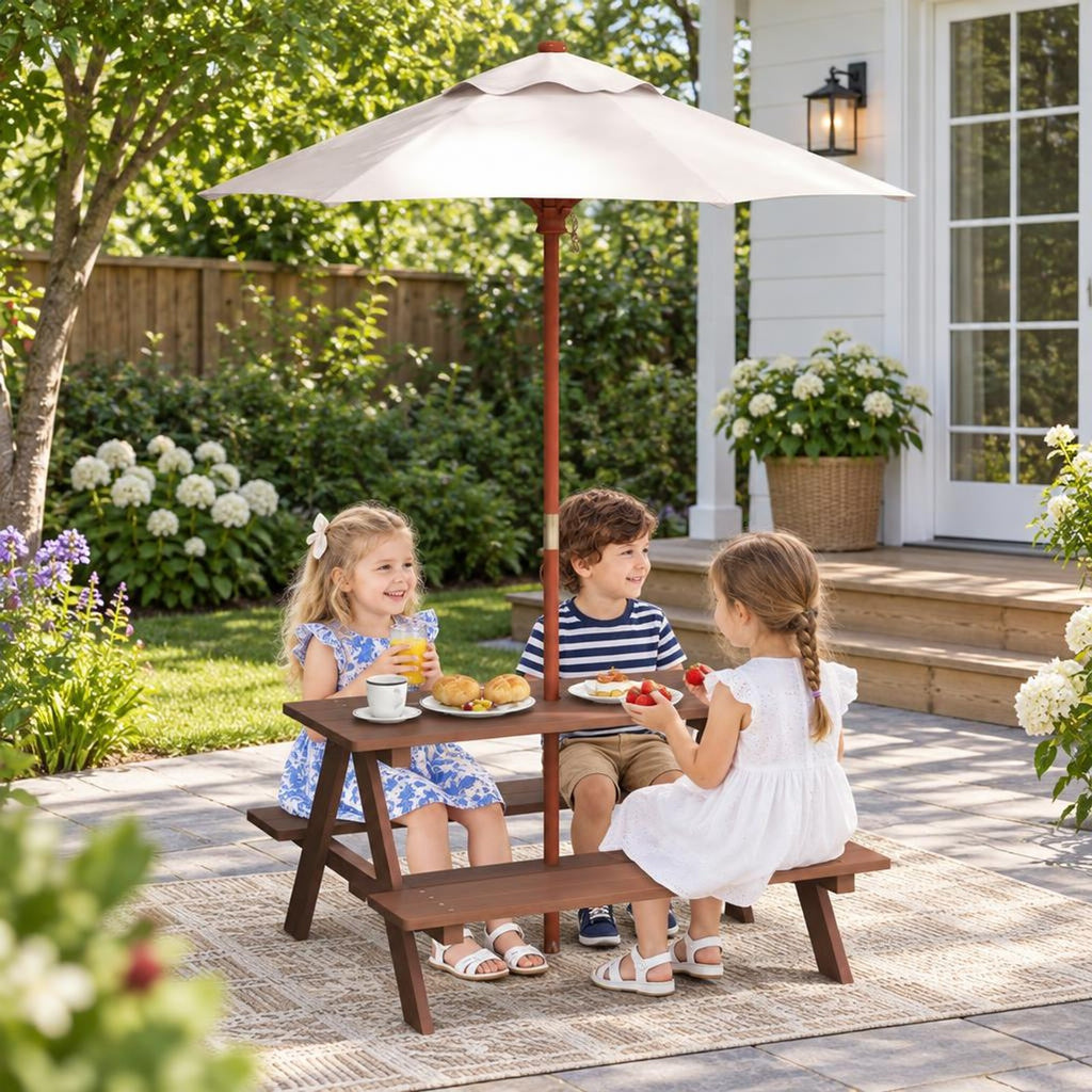 Airfind Outdoor 4-Seat Kids Picnic Table Bench with Umbrella, Fir wood polyester fabric Bench Frame, 28 x 8.5 x 13 /35 x 6.5 x 11 Footprint