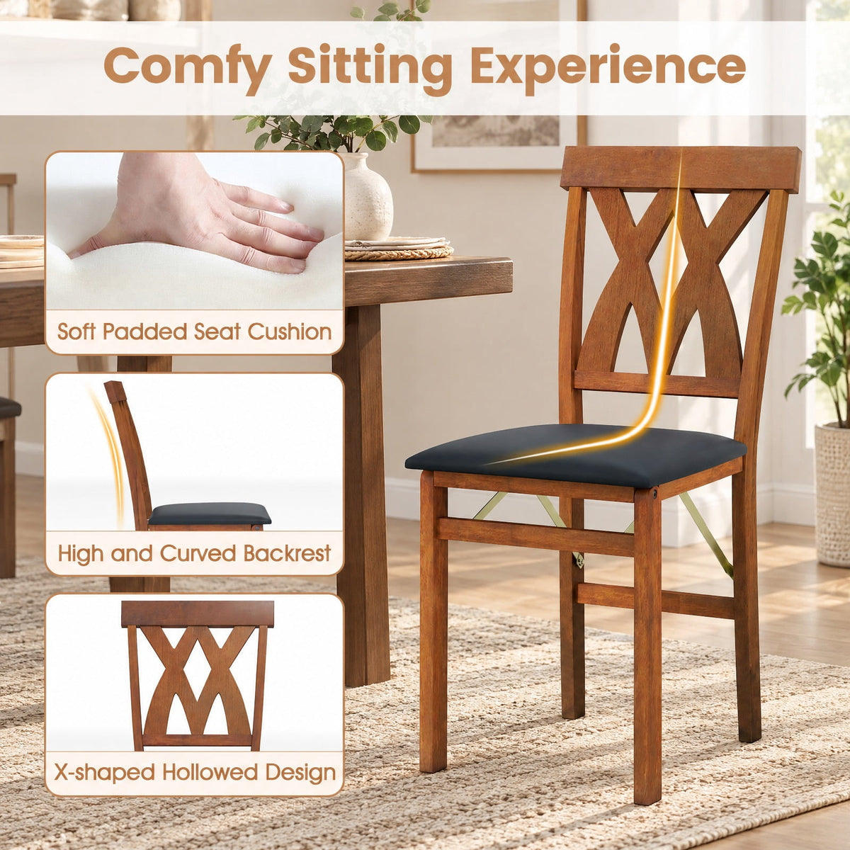 Airfind Folding Wooden Dining Chair Set of 2 Faux Leather Upholstered Kitchen Armless Chairs, 330 lbs Capacity, 16 Inch x 21 Inch x 36 Inch Footprint, Walnut