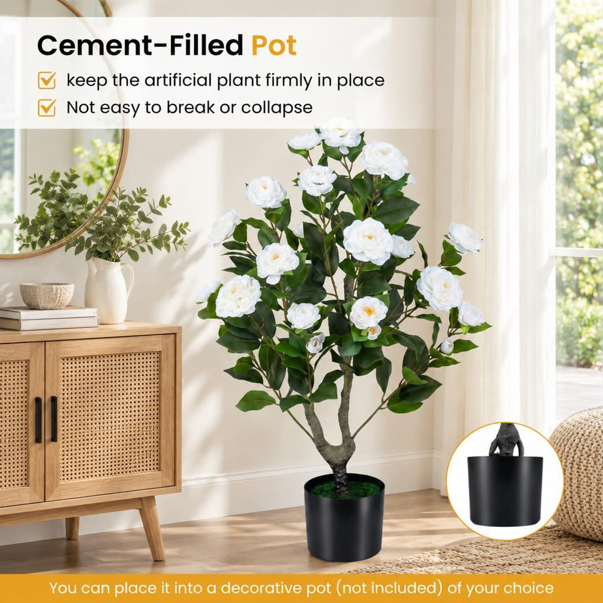 AIRFIND Artificial Camellia Tree, 35.5 in Faux Flower Plant with 24 Blossoms, 174 Leaves and Cement-Filled Pot for Home Decor, White