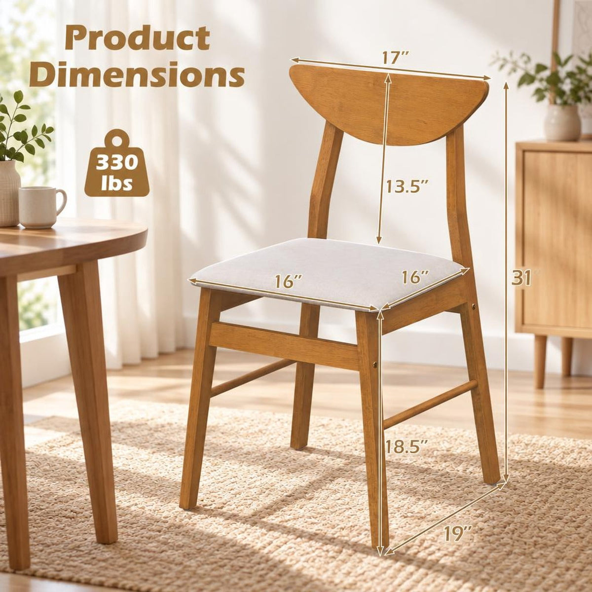 Airfind Set of 2 Upholstered Dining Chairs with Curved Backrest and Rubber Wood Frame, 330 lbs Capacity, Rubber Wood Frame, Natural