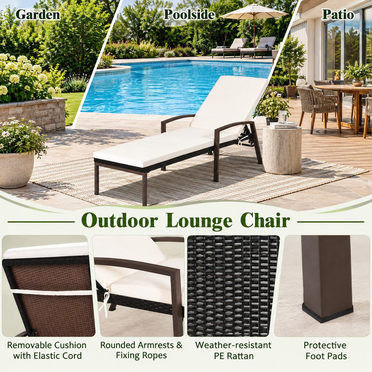 Airfind 2 Pieces Patio Rattan Adjustable Back Lounge Chair with Armrest and Removable Cushions, 400 lbs Capacity, Steel Rattan Frame, White