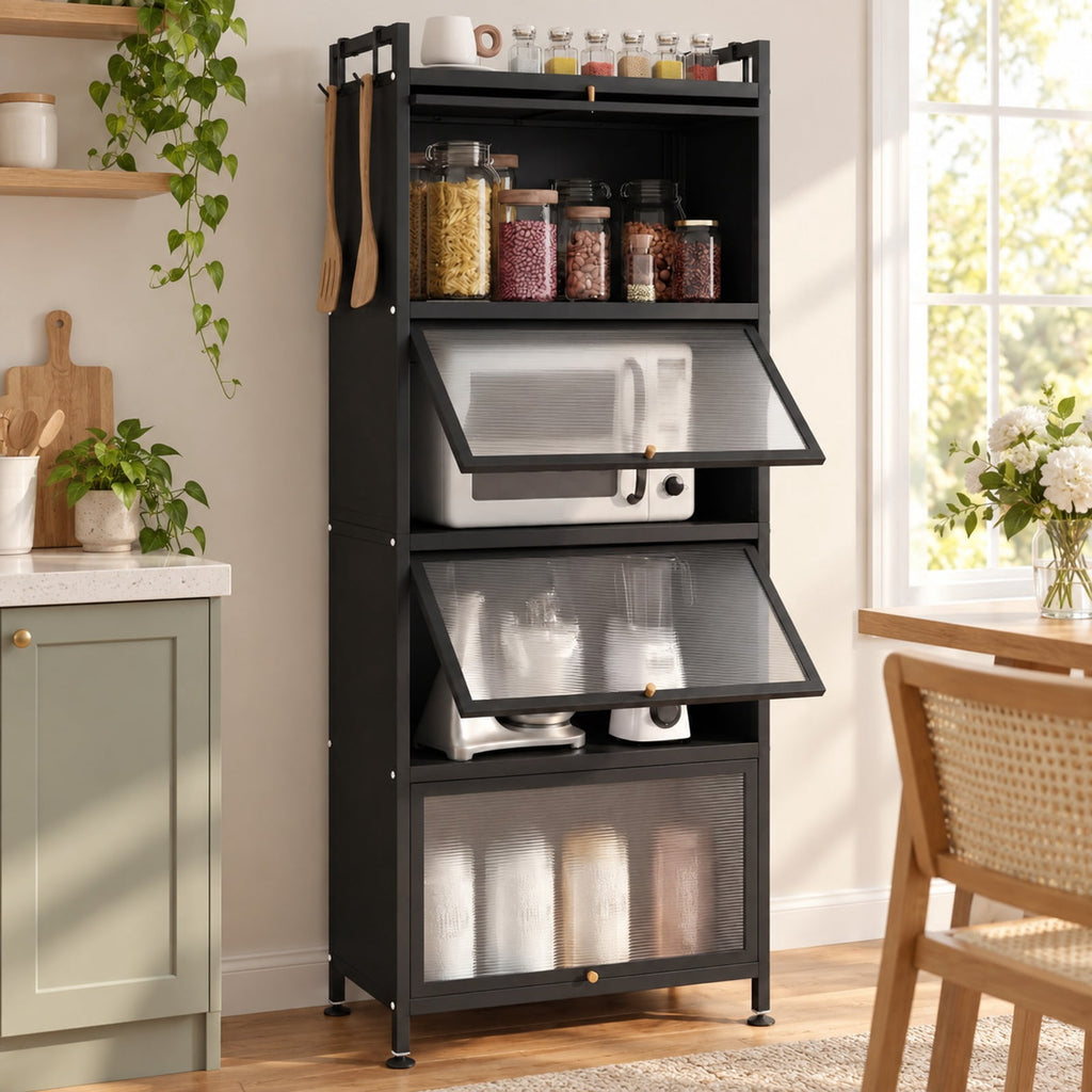 Airfind 5-Tier Kitchen Bakers Rack with Flip-up PC Doors, tier 33 lbs Capacity, Metal PC PP Gray Frame, 23.5 x 12.5 x 60.5 Footprint, Black