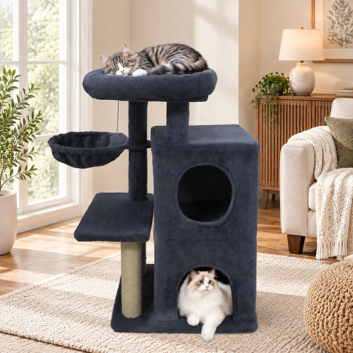 Airfind 33.5 Inch Cute Kitten Tower with 2-Tier Condo and Padded Top Perch, 22 lbs Capacity, Engineered Board Sisal Plush Fabric PP Polyester Frame
