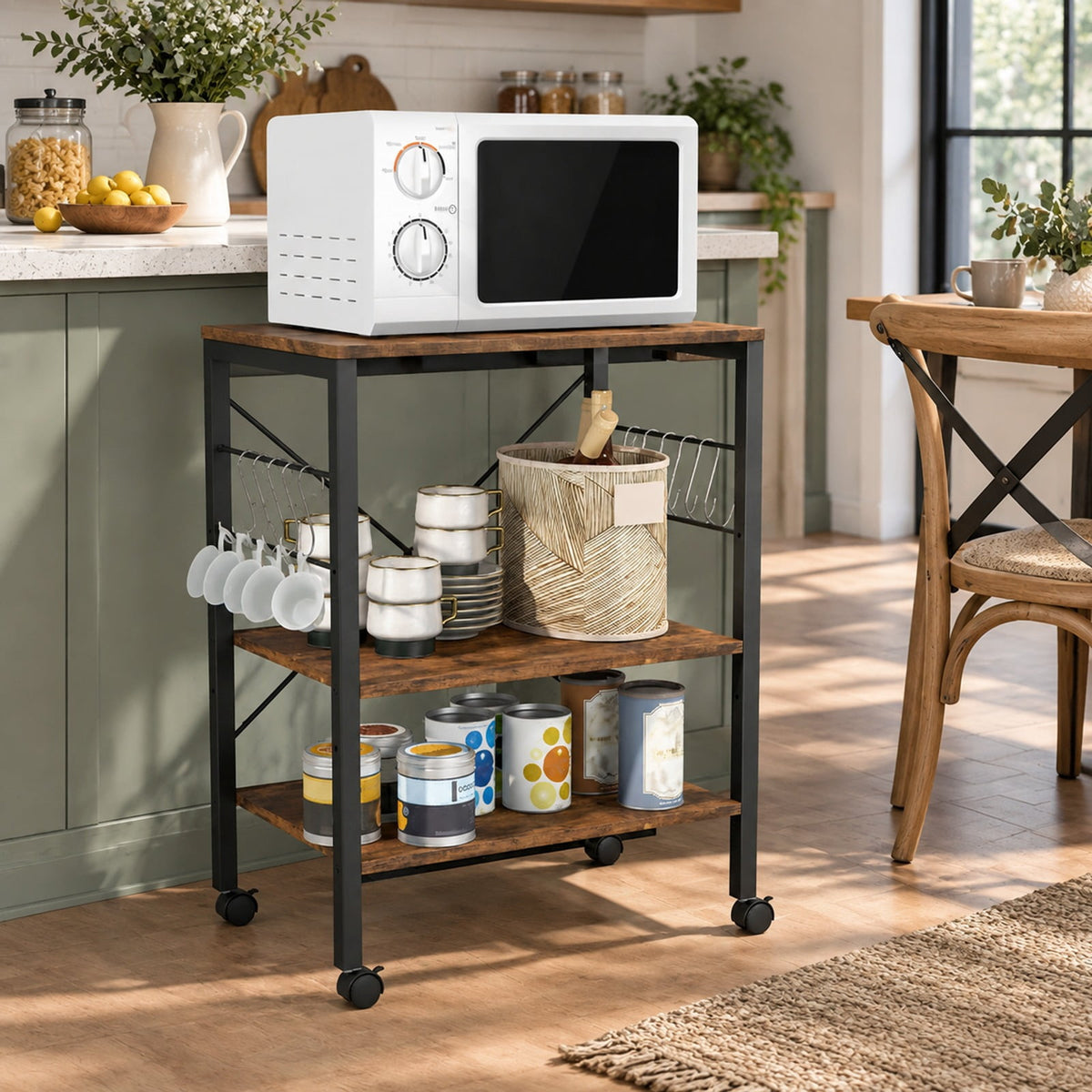 Airfind 3-Tier Kitchen Bakers Rack Microwave Oven Storage Cart with Hooks, 44 lbs Weight capacity of each shelf: 22 lbs Capacity, Iron Frame, Brown