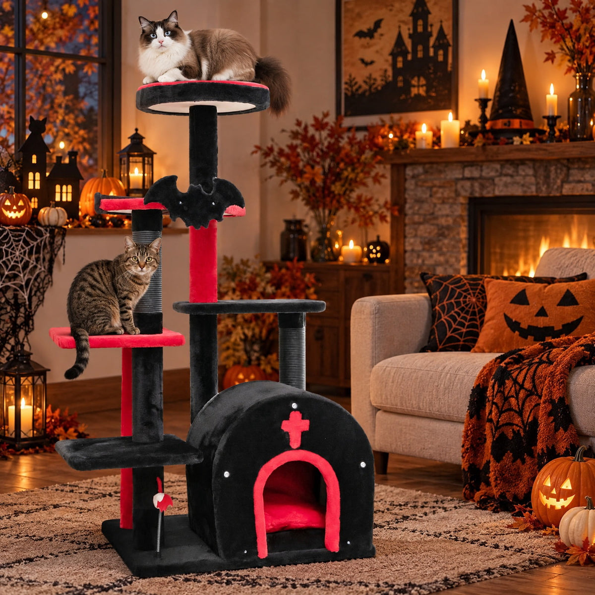 Airfind Gothic Cat Tree 53 Inch Tall Cat Tower with Cat Bed and Arch-Shaped Condo, 22 lbs Capacity, 23 x 19 x 53 Footprint, Black