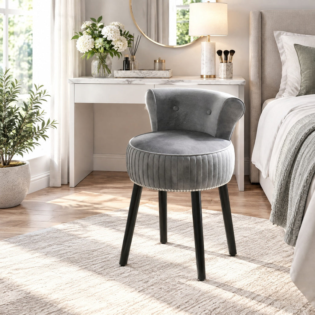 Airfind Velvet Vanity Chair with Back Upholstered Vanity Stool with Tufted Low Back and Solid Wood Legs, 234 lbs Capacity, Rubber Wood Frame, Gray