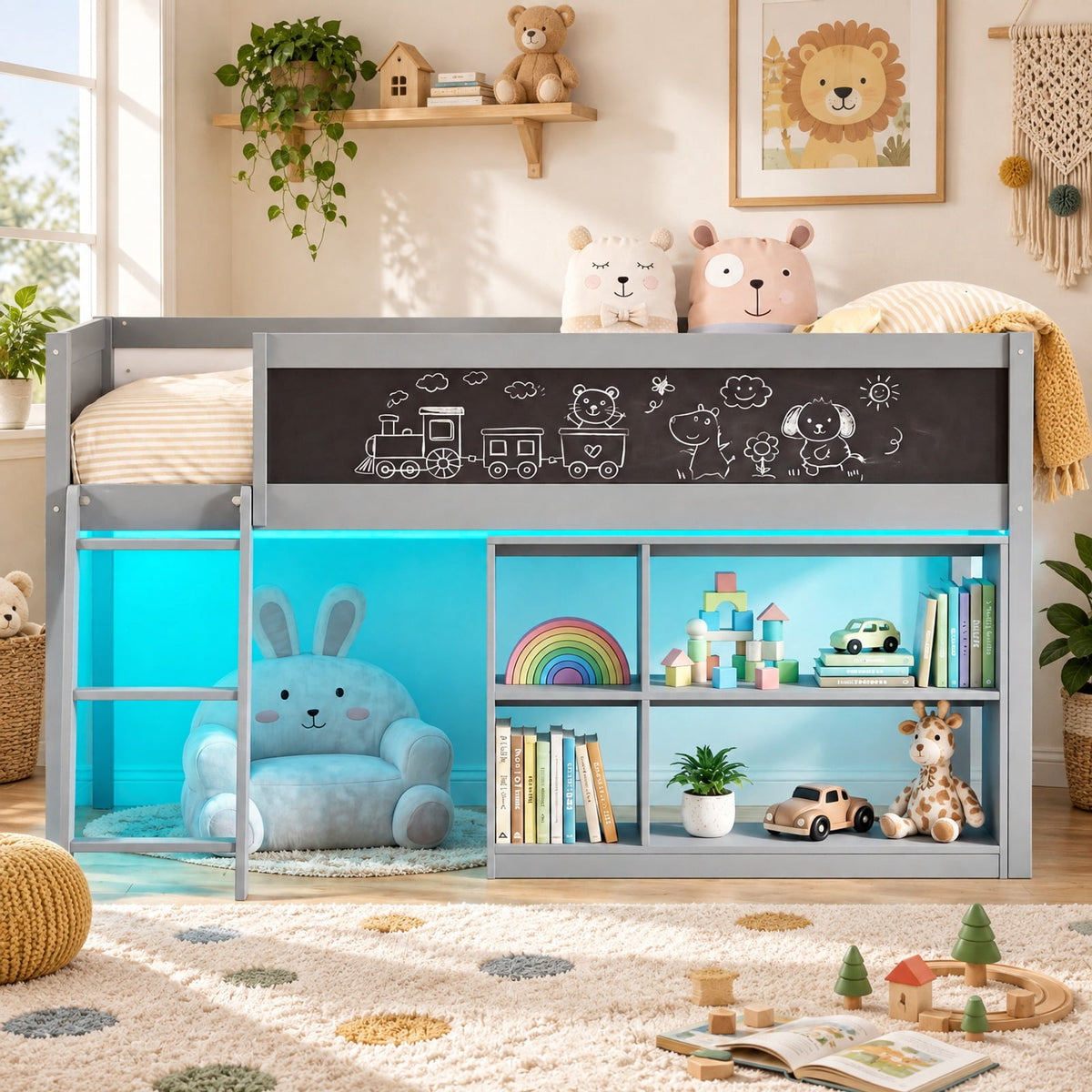 Airfind Twin Size Kids Loft Bed with LED Lights and Removable Bookcase, 350 lbs Capacity, Solid Wood Plywood Engineered Wood Frame, Gray