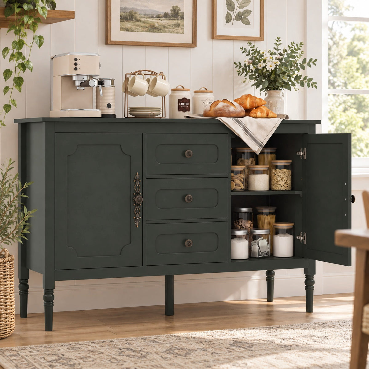 Airfind 47 Inch Vintage Buffet Cabinet with 3 Drawers 2 Cabinets and Adjustable Shelves for Dining Room, 110 Lbs Capacity, 47 Inch X 15.5 Inch X 31.5 Inch, Green