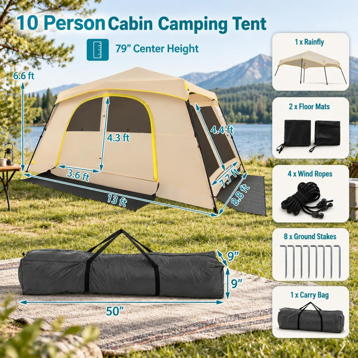 Airfind 10 Person Instant Cabin Camping Tent with Rainfly 13 ft x 9 ft Portable Large Family Tent, Coffee