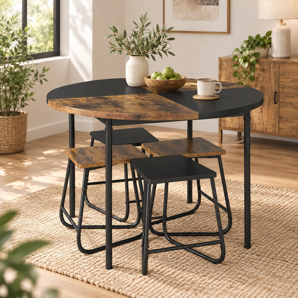 Airfind 5-Piece Dining Set for 4 47 Inch Round Kitchen Table and 4 Stools, MDF Metal Frame, Brown, Table Size 47in x 30in