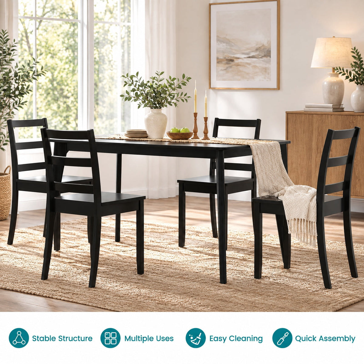 Airfind Set of 2 Wood Dining Chairs with Solid Rubber Wood Legs, 400 lbs Capacity, Rubber Wood MDF Plywood Frame, Black