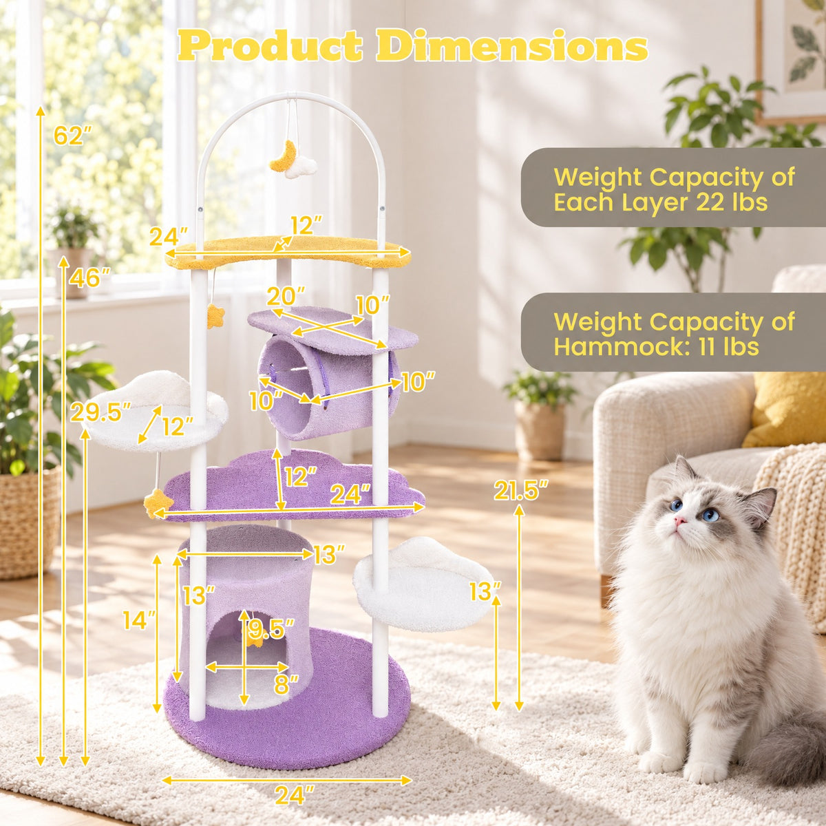 Airfind 62 Inches Large Cat Tower with Metal Frame and Jumping Platforms, 22 lbs Capacity, Purple, Diameter 24 Cat House