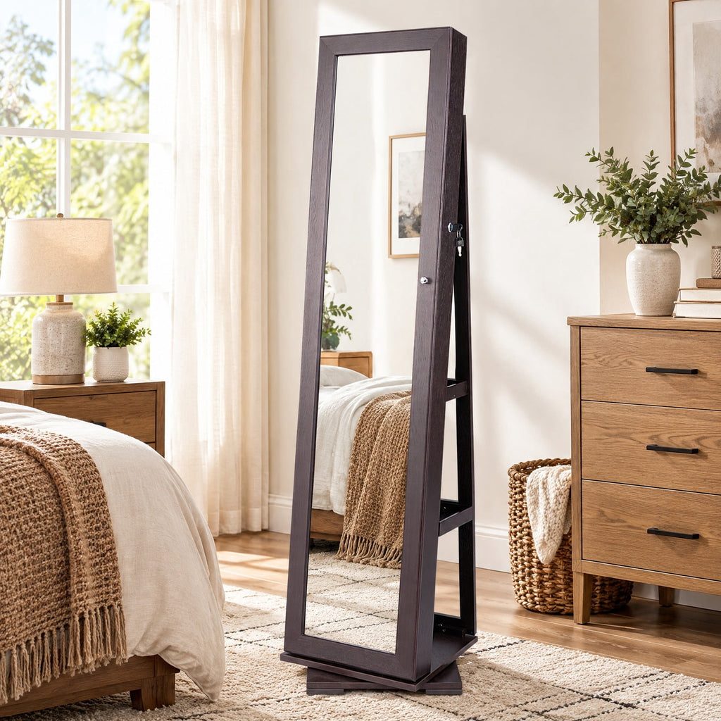 Airfind Jewelry Cabinet, 360¡ã Rotatable 2-in-1 Lockable, with Full-Length Mirror, P2 MDF Frame, 15 Inch x 15 Inch x 63.5 Inch (L x W x H) External, Brown