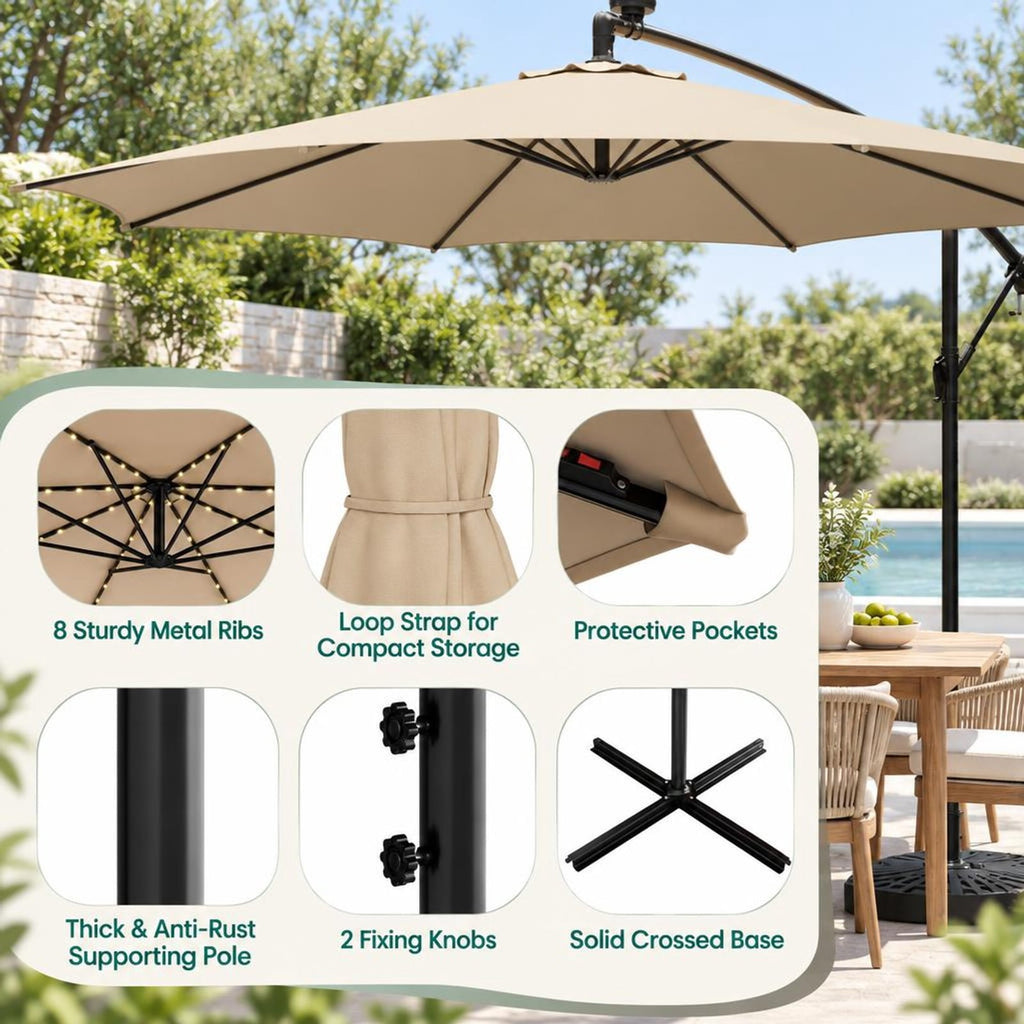 Airfind 10 Feet Patio Offset Umbrella with 112 Solar-Powered LED Lights, Polyester Fabric Metal Frame, 10 x 8 ft Footprint, Beige