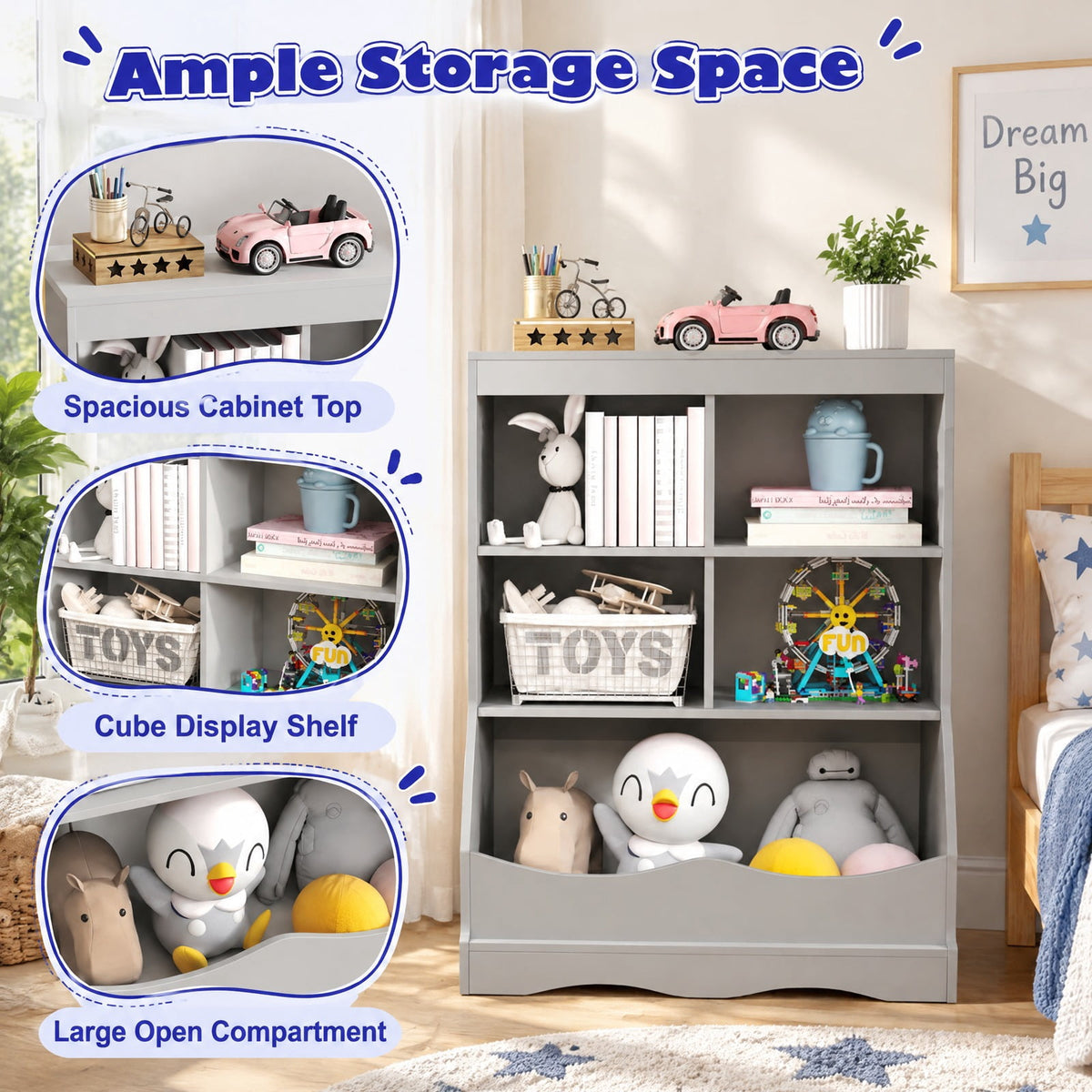 Airfind 3-Tier Childrens Multi-Functional Bookcase Toy Storage Bin Floor Cabinet, 66 lbs Capacity, MDF Engineered Wood Frame, Grey