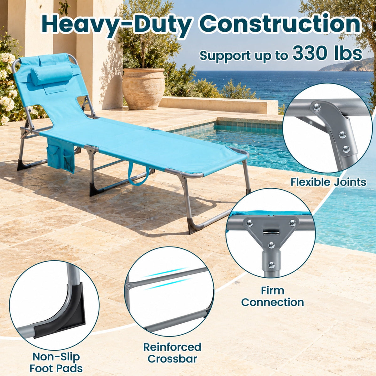 Airfind Set of 2 Tanning Chair Portable Chaise Lounge Chair with 4-Position Adjustable Backrest, 330 lbs Capacity, Blue