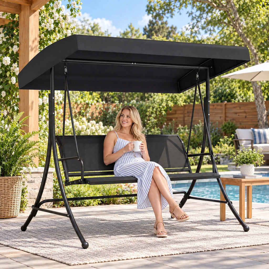 Airfind 3-Seat Patio Swing Chair with Adjustable Canopy, 800 lbs Capacity, Metal Frame, 75 Inch x 48 Inch x 67 Inch Footprint, Black