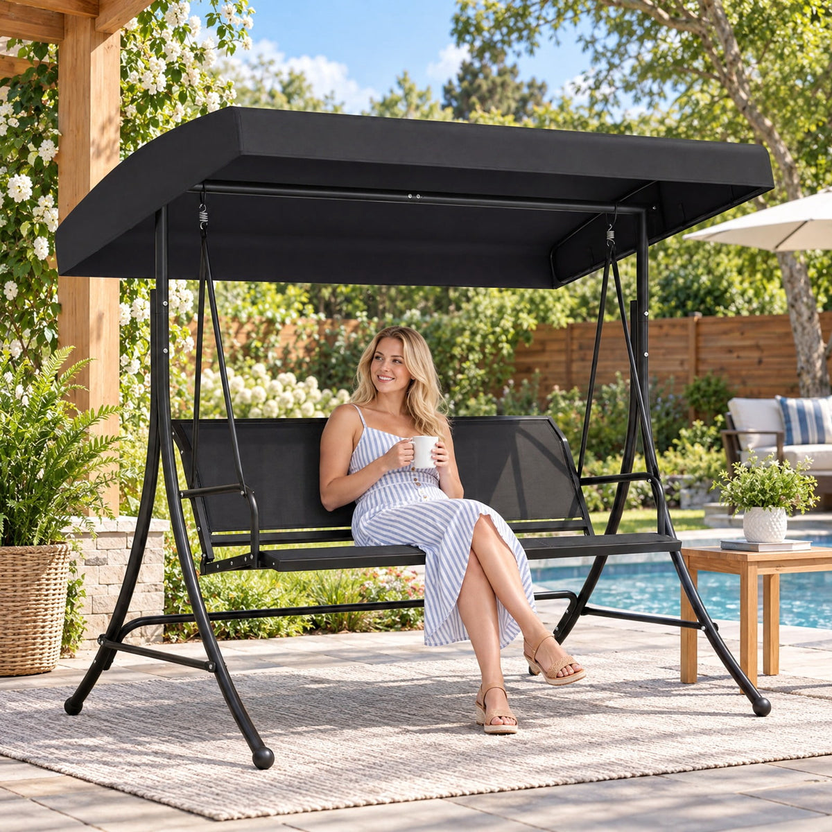 Airfind 3-Seat Patio Swing Chair with Adjustable Canopy, 800 lbs Capacity, Metal Frame, 75 Inch x 48 Inch x 67 Inch Footprint, Black