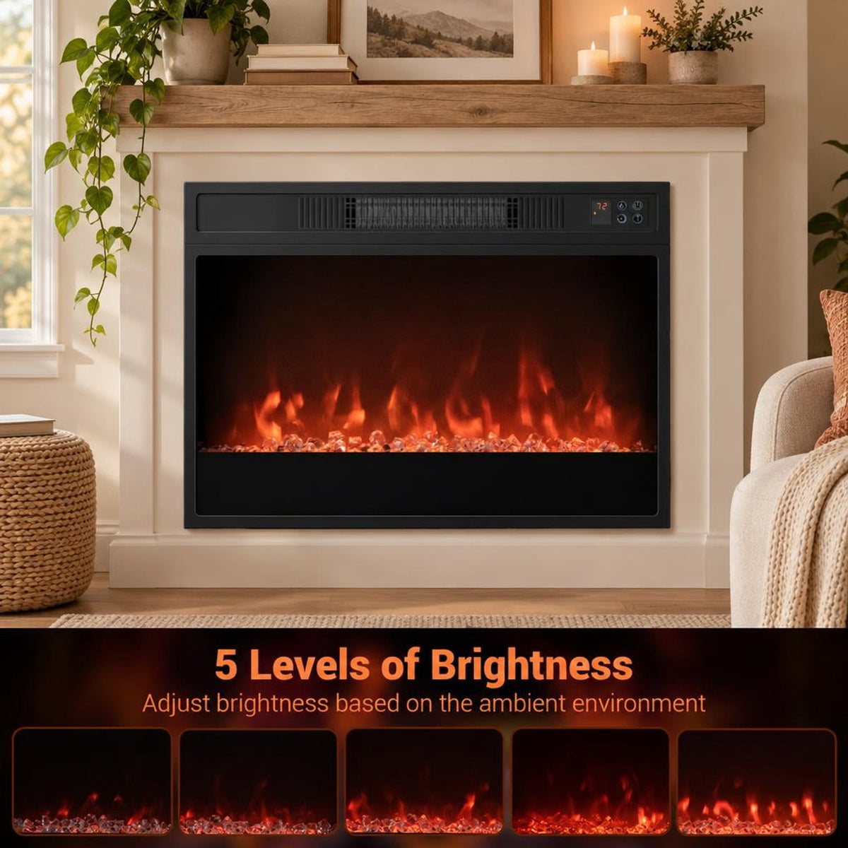 Airfind 5000 BTU 23-Inch Electric Fireplace Insert featuring Remote Control and Brightness, Metal Tempered Glass PP Frame, Black