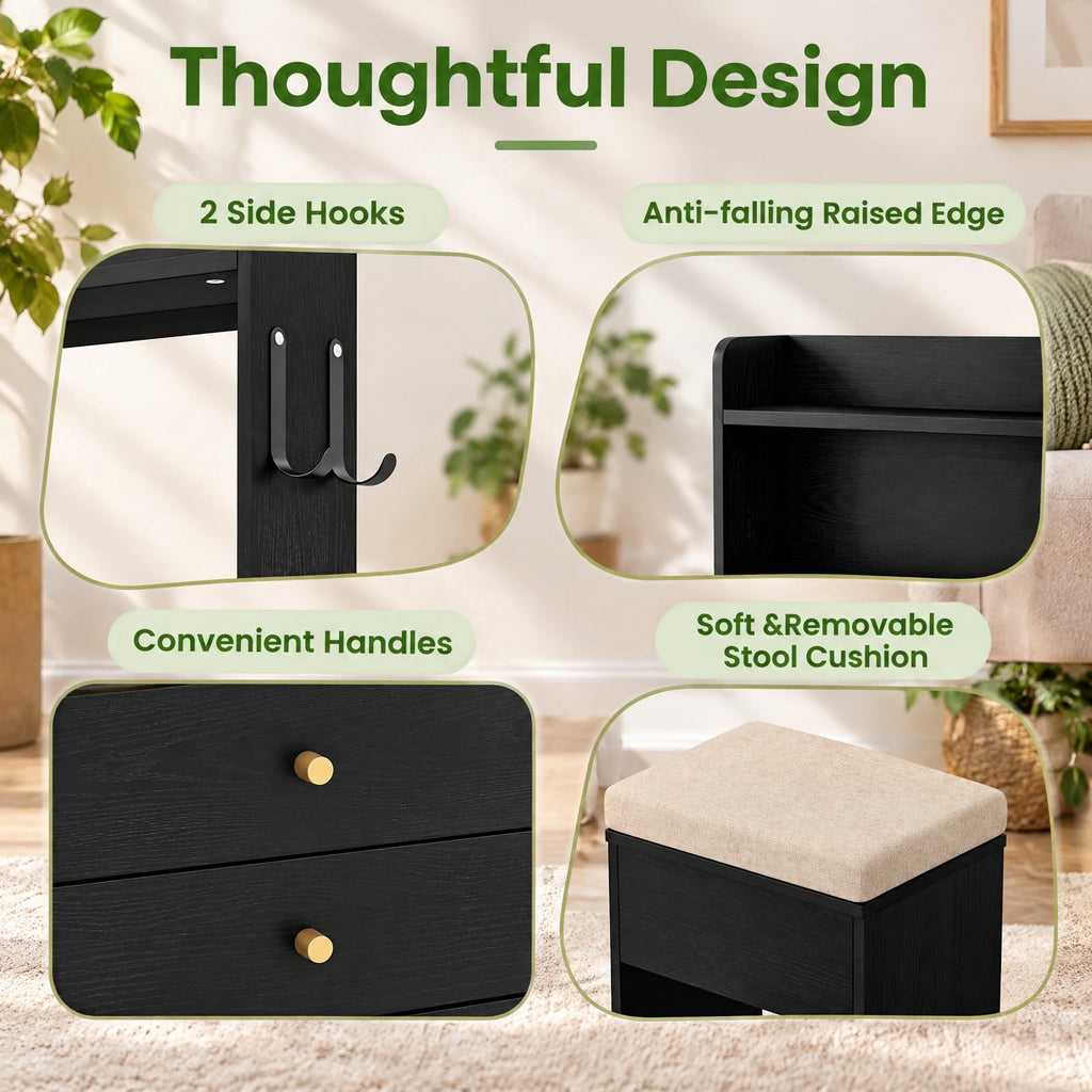 Airfind Compact Vanity Desk Set with 3-Color Lighted Mirror and Power Outlets, 50 kg Capacity, MDF Engineered Wood Glass Sponge Frame, Black