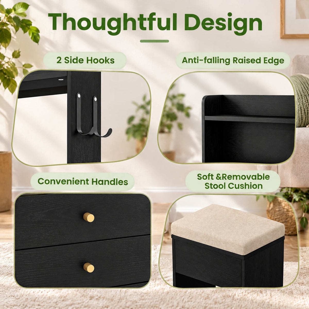 Airfind Compact Vanity Desk Set with 3-Color Lighted Mirror and Power Outlets, 50 kg Capacity, MDF Engineered Wood Glass Sponge Frame, Black