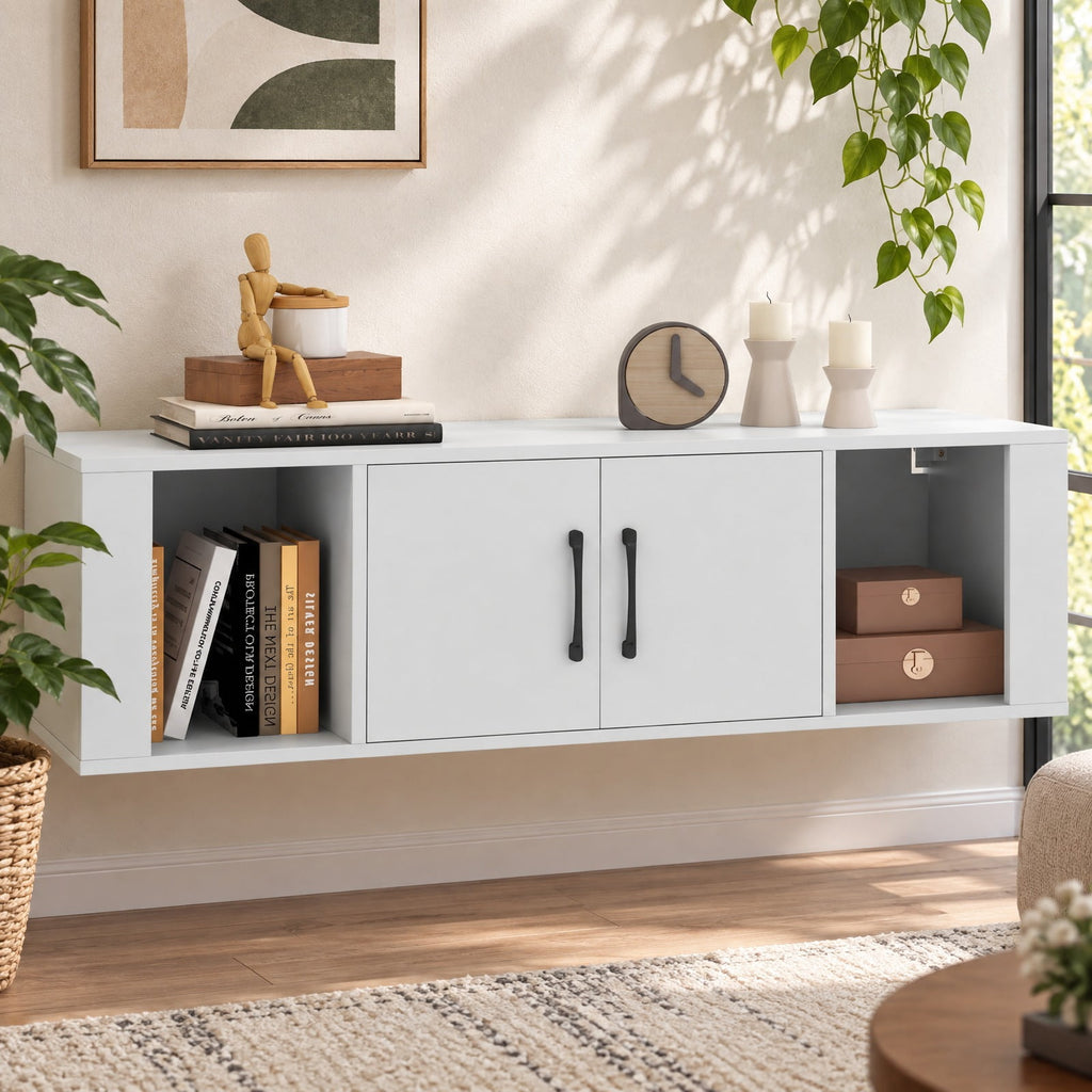 Airfind Wall Mounted Floating 2 Door Desk Hutch Storage Shelves, 132 lbs Capacity, Engineered Wood MDF Frame, 42.5 x 13 x 12 Footprint, White