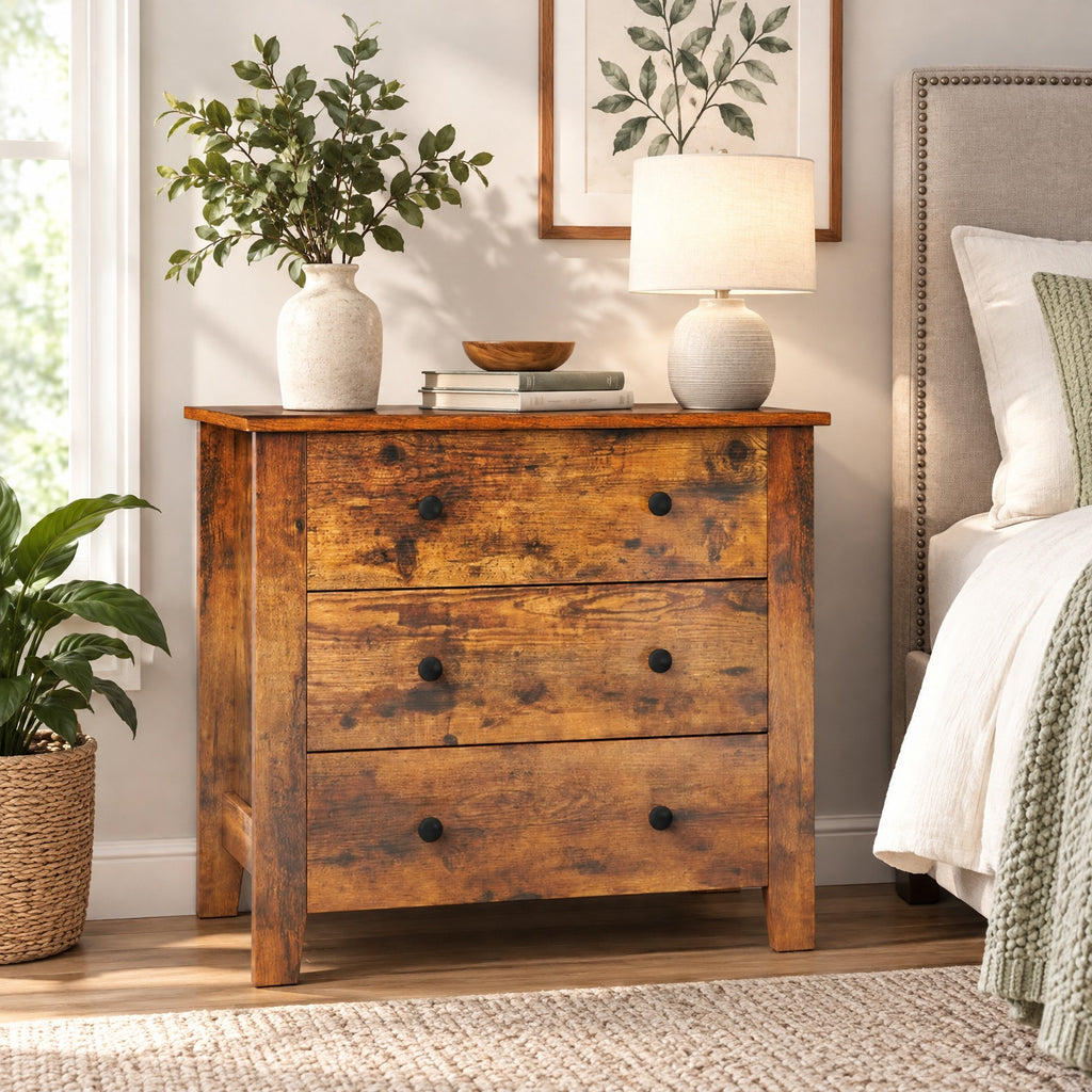 Airfind 3 Drawer Dresser Chest of Drawers Bedside Table, MDF Frame, 28in x 18in x 26in Footprint, Brown