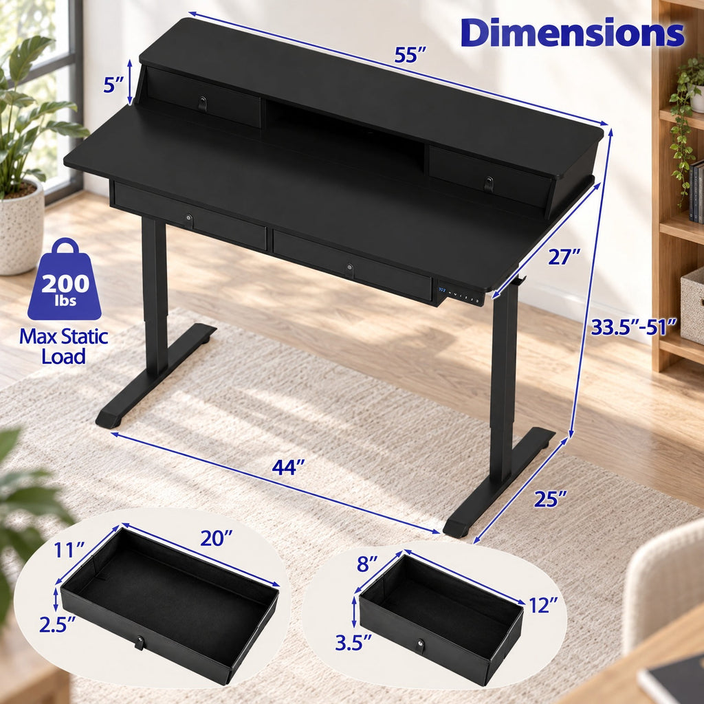 Airfind 55 Inch x 27 Inch Electric Standing Desk with Drawers, Engineered Wood Metal Fabric Frame, 55 Inch x 27 Inch x 33.5 Inch -51 Inch Footprint, Black