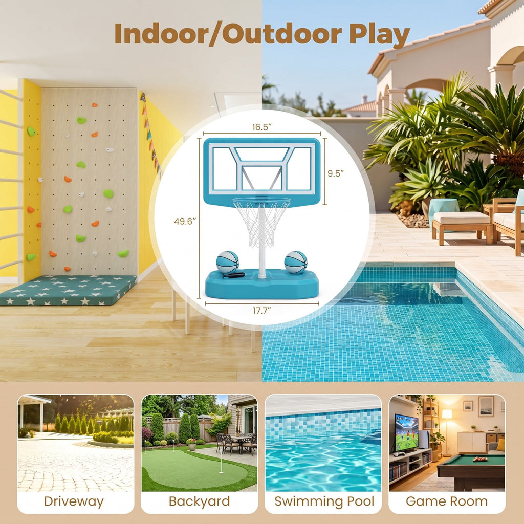 Airfind Pool Basketball Hoop Set with 2 Balls and Inflation Pump, Poolside Water Basketball Game with Weighted Base and Shatterproof Backboard for Indoor Outdoor, Blue