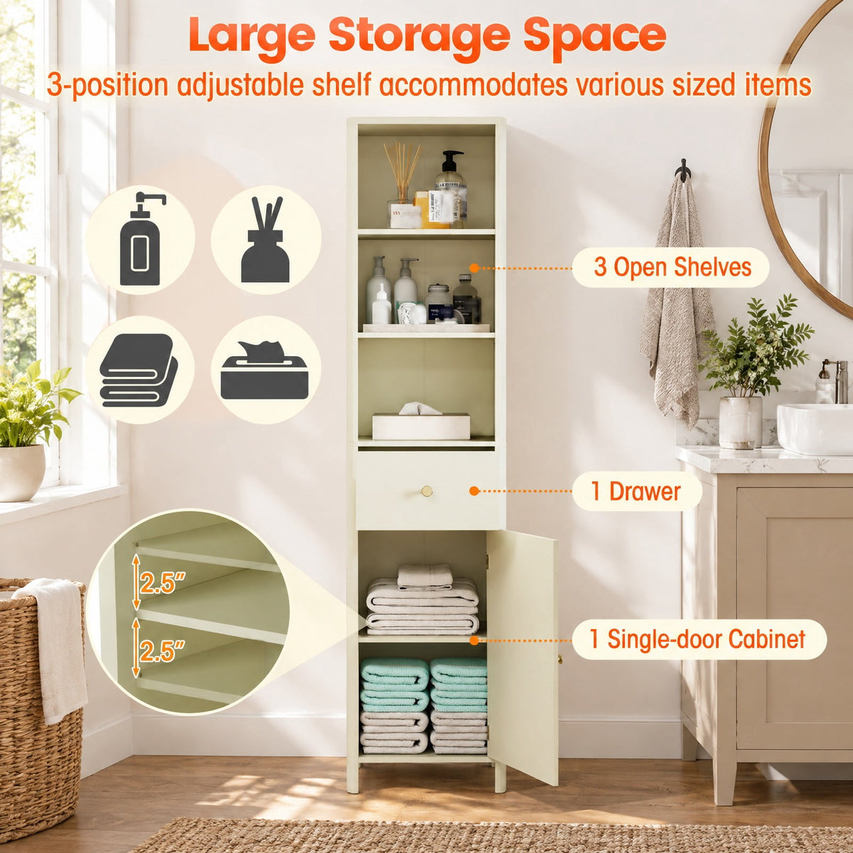 Airfind 67 Inch Tall Bathroom Cabinet Narrow Floor Cabinet with Fluted Door, MDF Frame, 16 Inch x 12 Inch x 67 InchInner Footprint, Beige