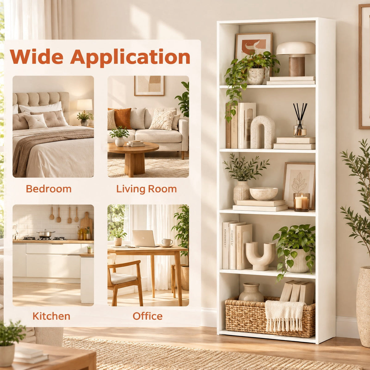 Airfind 5-Shelf Storage Bookcase Modern Multi-Functional Display Cabinet, 45 lbs Capacity, Engineered Wood MDF Frame, 24in x 9.5in x 67in Footprint