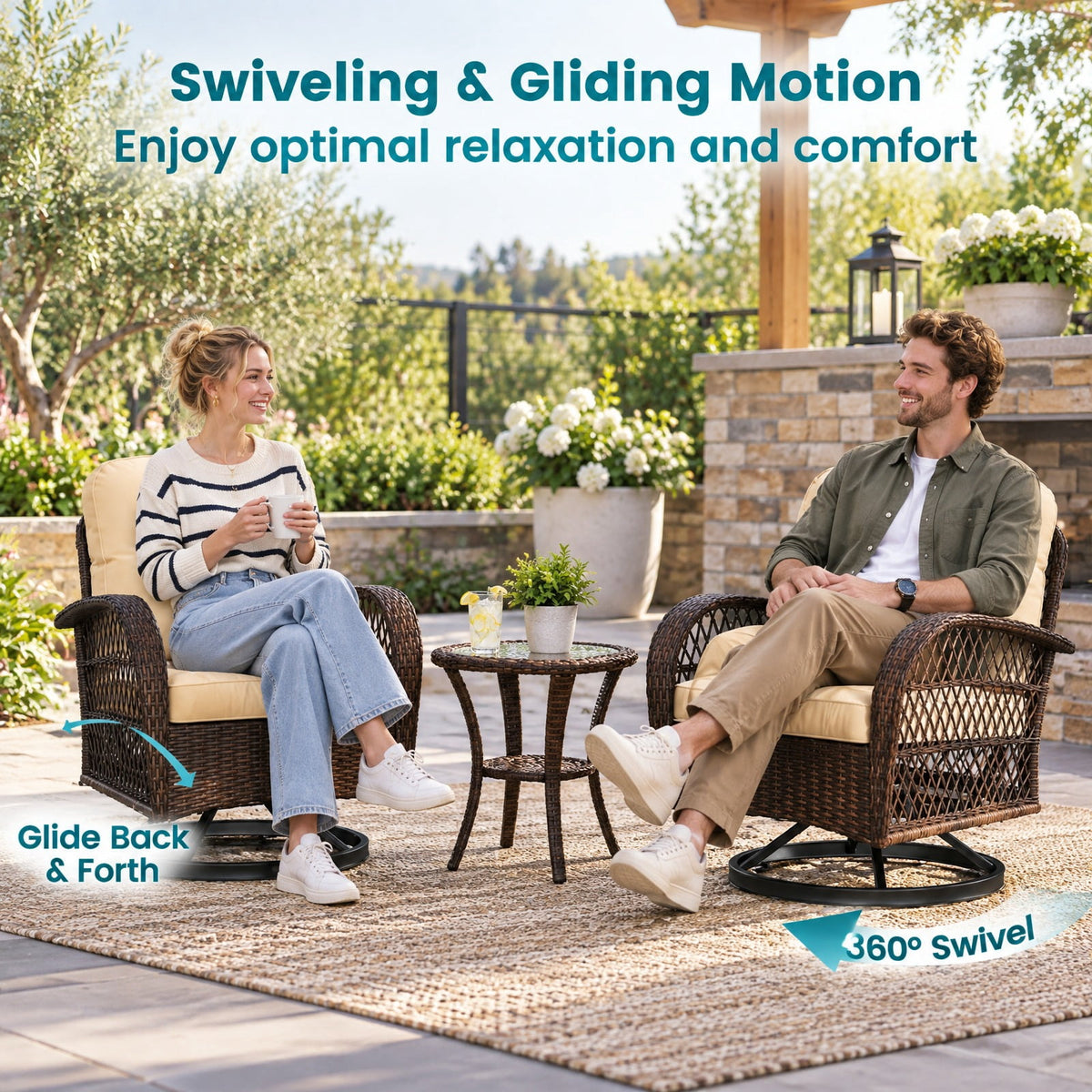 Airfind 3 Piece Patio Swivel Rocker Set with Tempered Glass Side Table and Thick Cushions, Seat 400 lbs Capacity, 33.5 x 29 x 35 Footprint, Brown