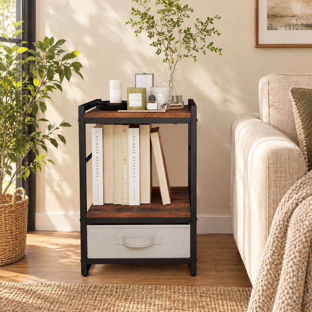 Airfind Nightstand Industrial Bedside Table with Open Storage Shelf and Fabric Drawer, 45 lbs Capacity, 16 x 16 x 24 Footprint, Brown