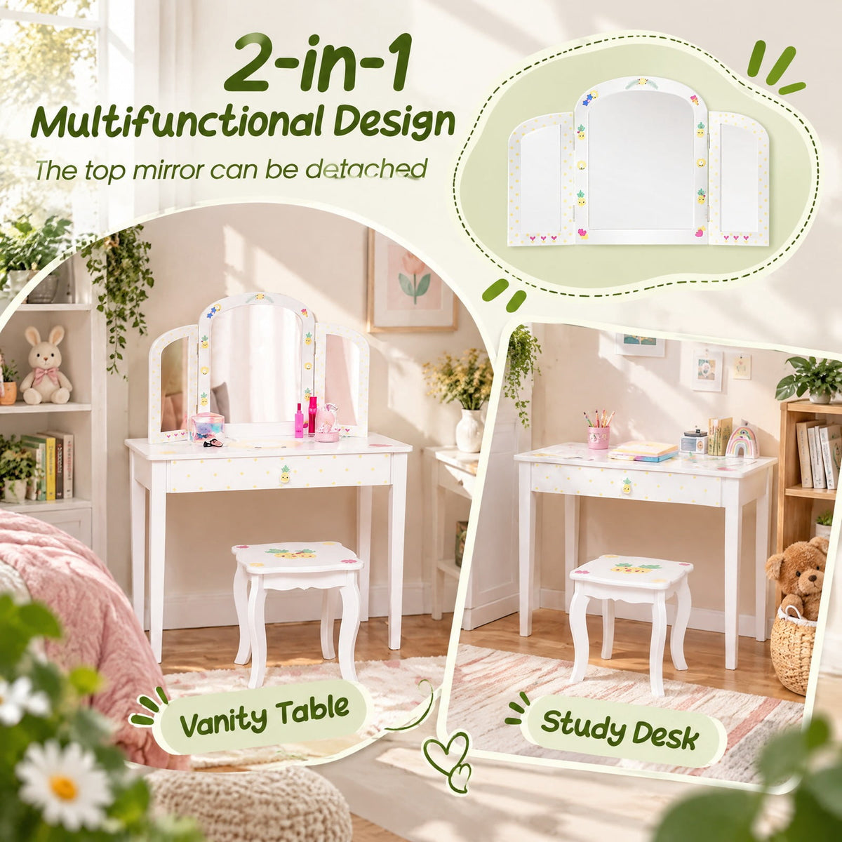 Airfind Youth Vanity Table and Stool Set with Tri-Folding Mirror, Large Storage Drawer and Anti-Tip Design for Bedroom, White