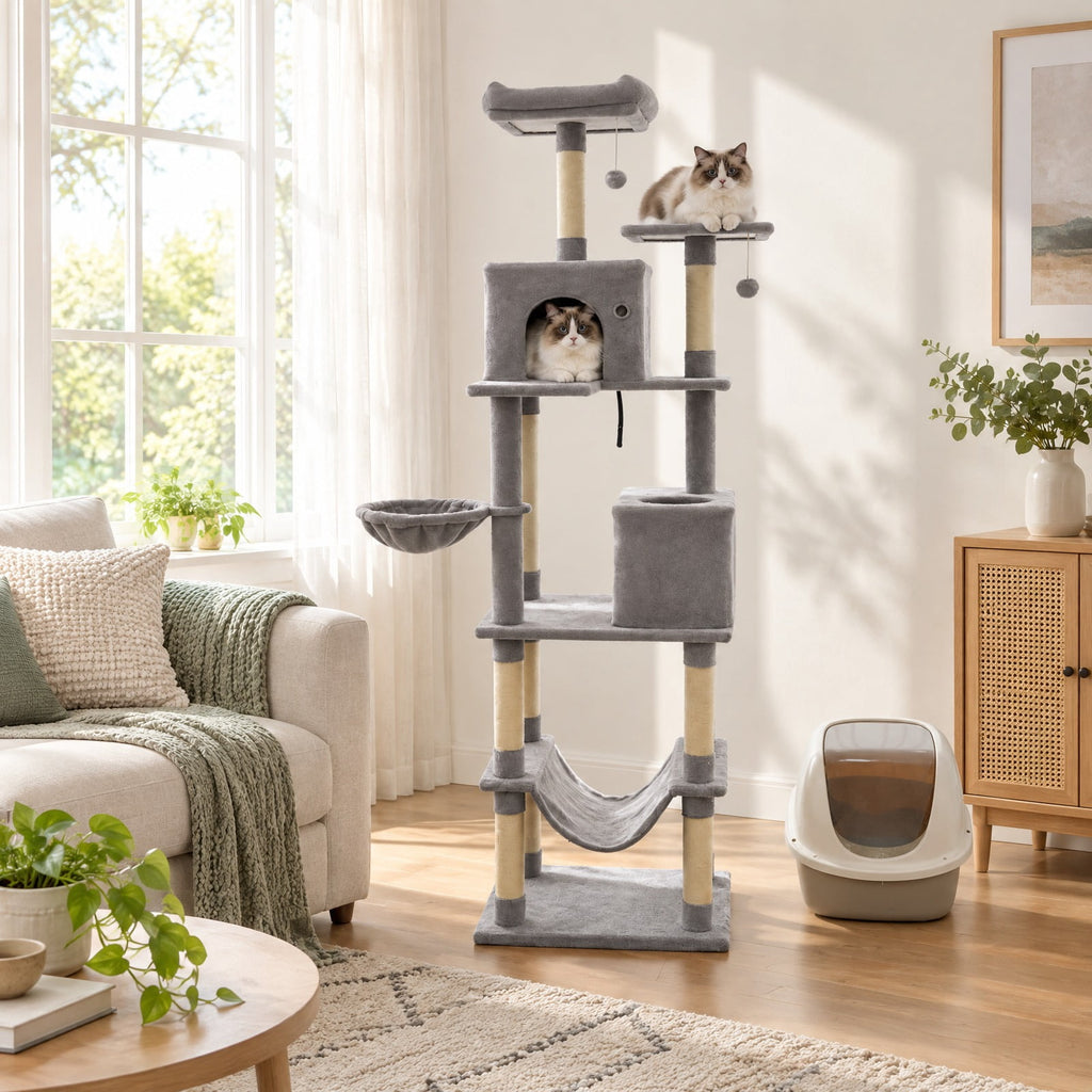Airfind 80 Inches Tall Cat Tree with 2 Large Condos and Dangling Toys, 33 lbs Capacity, Engineered Board Sisal Plush Fabric Sponge Frame, Light Gray