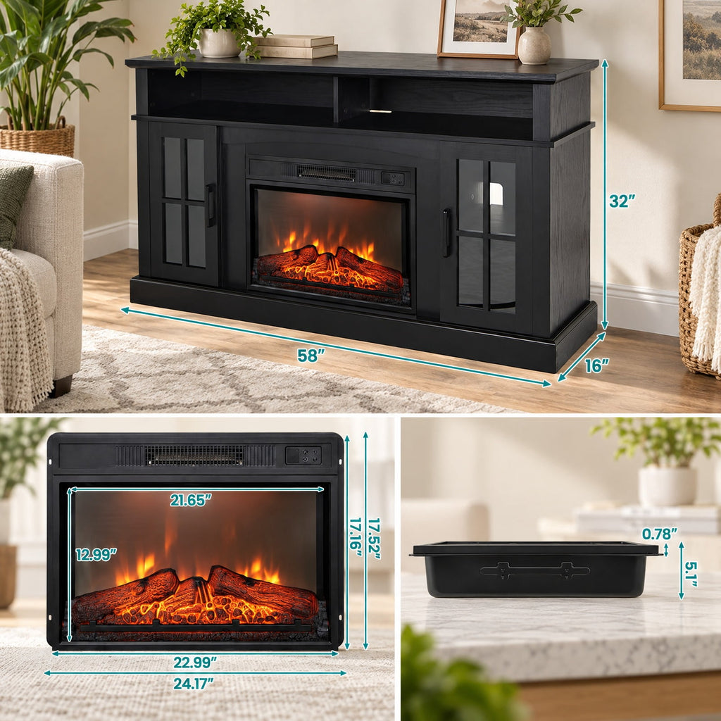Airfind Fireplace TV Stand for TVs Up to 65 Inch with Side Cabinets and Remote Control, 66 lbs Capacity, Engineered wood Frame, Black