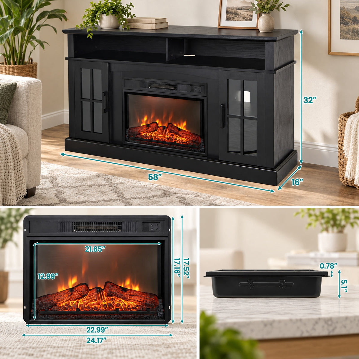 Airfind Fireplace TV Stand for TVs Up to 65 Inch with Side Cabinets and Remote Control, 66 lbs Capacity, Engineered wood Frame, Black