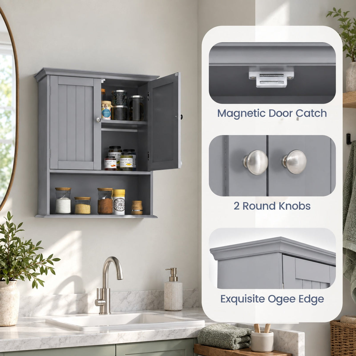 Airfind Wall Mount Bathroom Cabinet, Storage Organizer with Doors and Shelves, MDF Metal Frame, Overall dimension 23.5 Inch x 7.5 Inch x 28 Inch, Gray