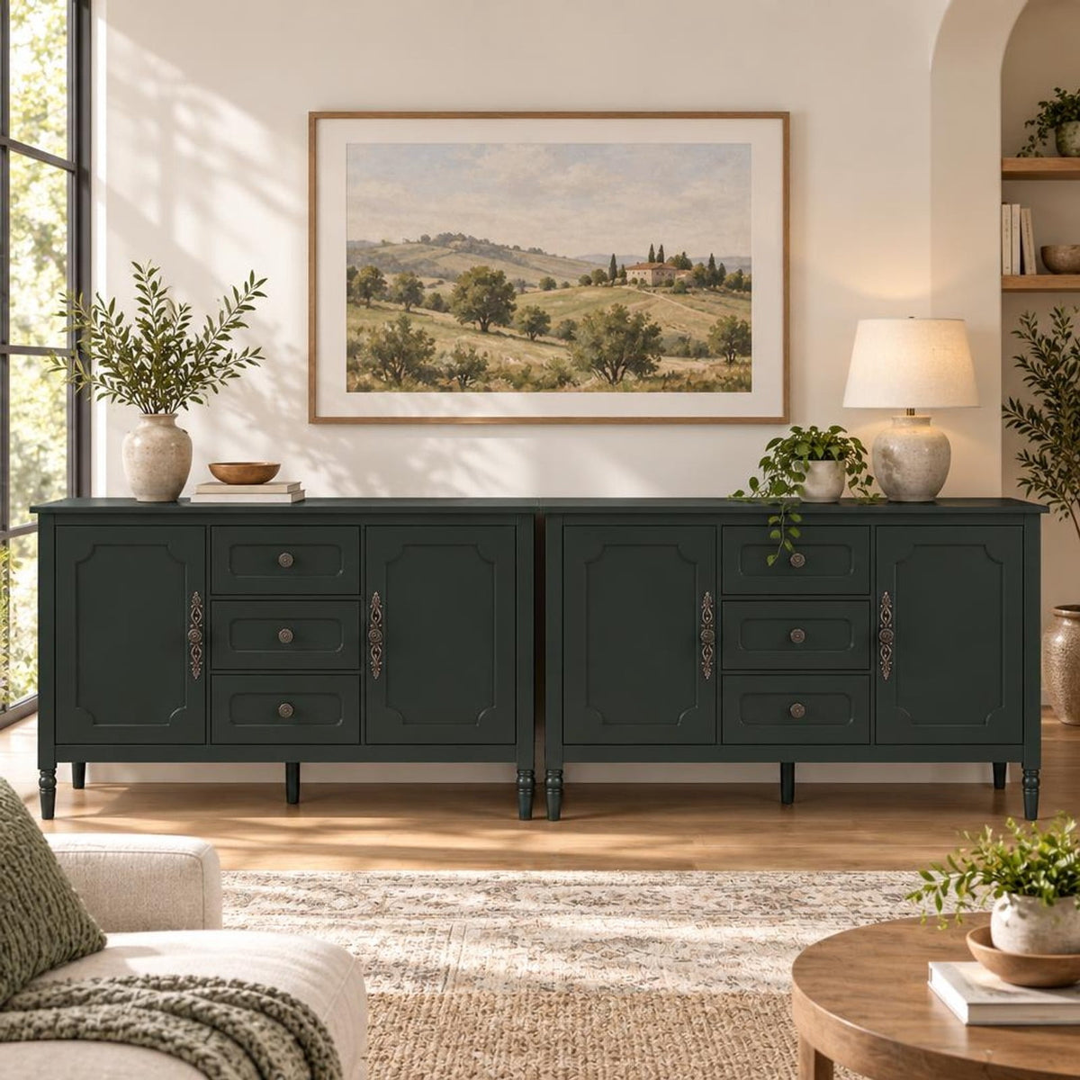 Airfind 47 Inch Vintage Buffet Cabinet with 3 Drawers 2 Cabinets and Adjustable Shelves for Dining Room, 110 Lbs Capacity, 47 Inch X 15.5 Inch X 31.5 Inch, Green