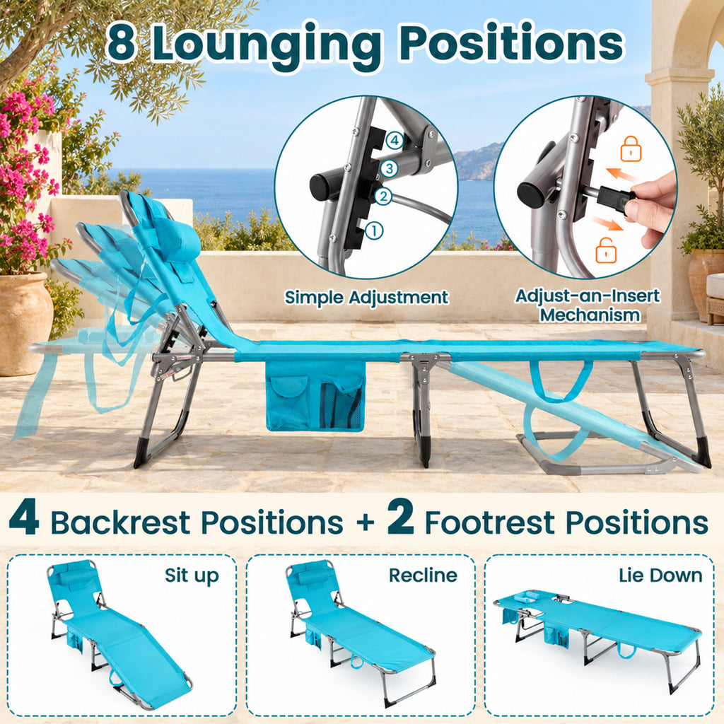 Airfind Set of 2 Tanning Chair Portable Chaise Lounge Chair with 4-Position Adjustable Backrest, 330 lbs Capacity, Blue